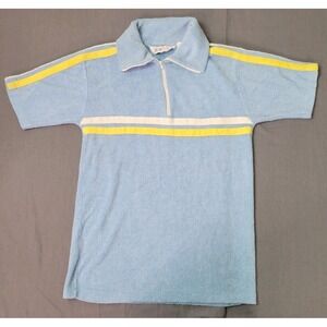 Vintage 1970s Mister Man Mens Blue Terry Cloth Striped 1/4 Zip Polo Shirt Small
